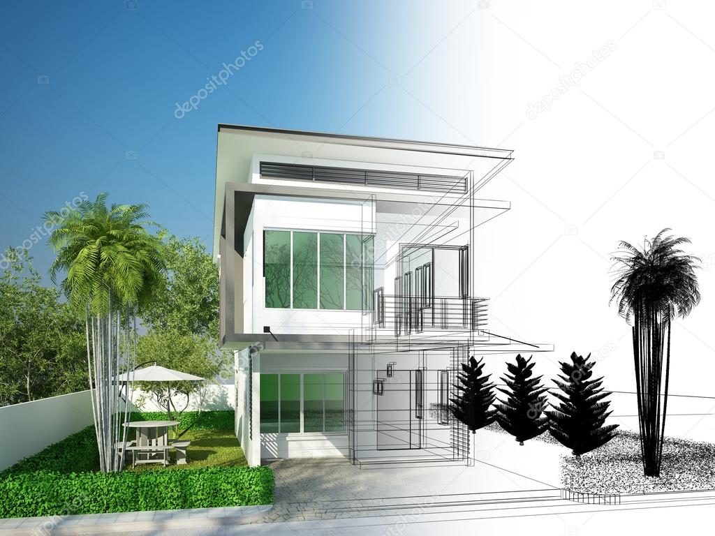 sketch design of house ,3dwire frame render