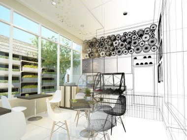 coffee shop, 3d tel çerçeve render tasarım kroki