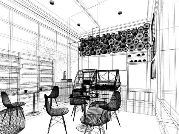 Skiss design av coffee shop, 3d wire frame gör — Stockfoto