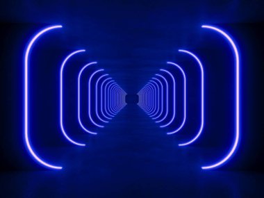 İç mekanı boş mavi modern ışıklandırma, 3 boyutlu bilim kurgu kavramı