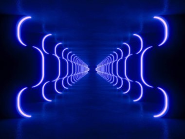 İç mekanı boş mavi modern ışıklandırma, 3 boyutlu bilim kurgu kavramı