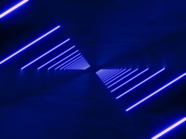 İç mekanı boş mavi modern ışıklandırma, 3 boyutlu bilim kurgu kavramı