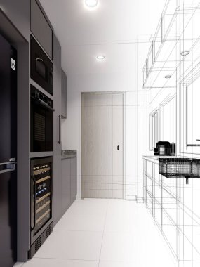 Modern mutfak odası iç tasarımı, 3D renderin