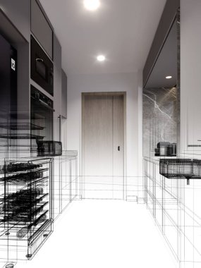 Modern mutfak odası iç tasarımı, 3D renderin