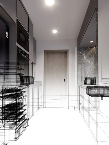 Modern mutfak odası iç tasarımı, 3D renderin