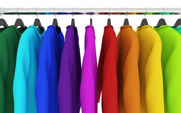 Camisas de colores con perchas aisladas en blanco, 3d — Foto de Stock