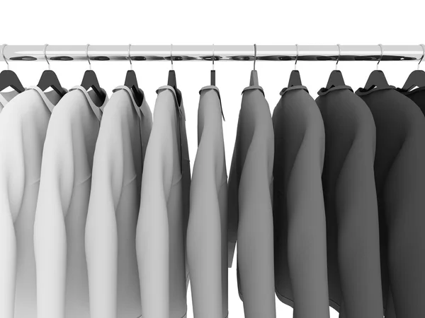 Camisas pretas e brancas com cabides isolados em branco, 3d — Fotografia de Stock