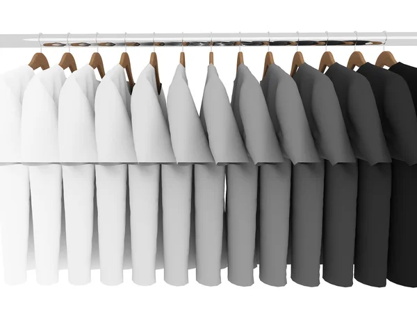 Camisetas en blanco y negro con perchas aisladas en blanco, 3d —  Fotos de Stock