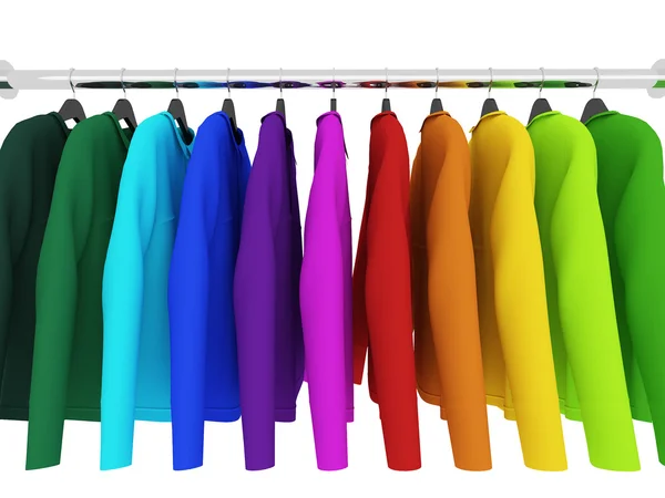 Camisas de colores con perchas aisladas en blanco, 3d — Foto de Stock