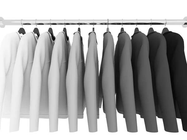 Svarta och vita skjortor med galgar isolerad på vit, 3d — Stockfoto