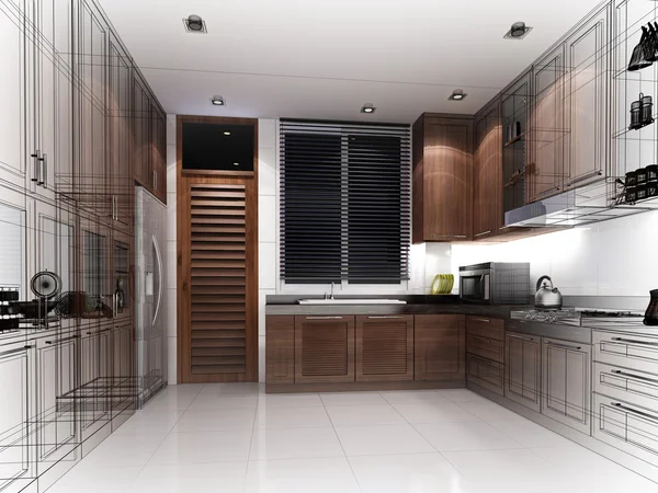 3d renderizar design de cozinha interior — Fotografia de Stock