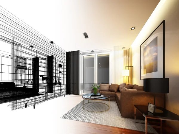 Sketch design of living ,3dwire frame render — Stock Photo, Image