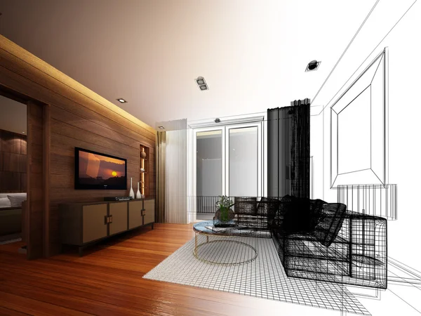 Sketch design of living ,3dwire frame render — Stock Photo, Image