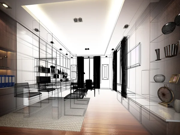 Schets ontwerp van interieur werkruimte, draadframe — Stockfoto