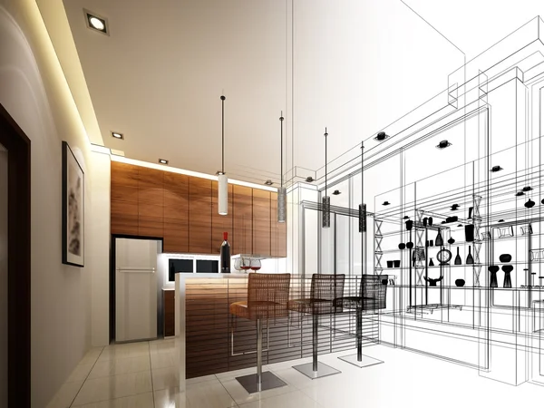 Abstraktní skica design interiéru kuchyně — Stock fotografie