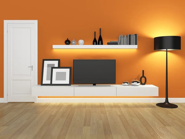 Sala de estar naranja con soporte de televisión y librería - renderizado —  Fotos de Stock