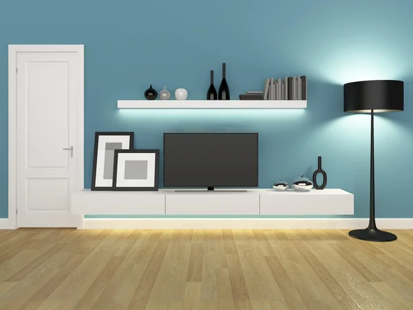 Sala de estar azul con soporte de televisión y librería - renderizado — Foto de Stock