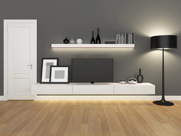 Sala de estar gris con soporte de televisión y librería - renderizado —  Fotos de Stock