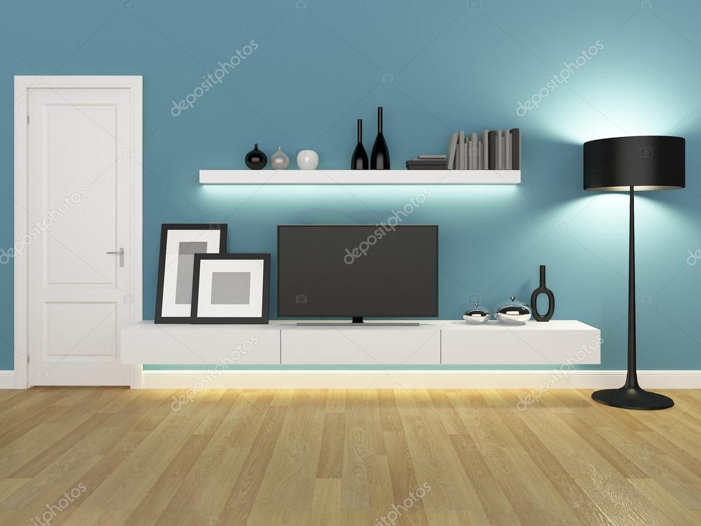 Blå vardagsrum med tv ställ och bokhylla rendering ...