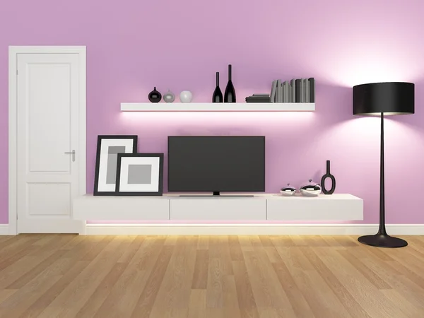 Roze woonkamer met TVs met drie schappen en boekenkast - rendering — Stockfoto