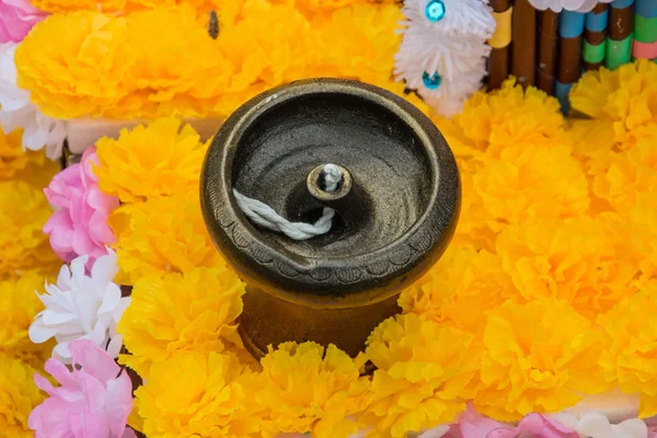 Indian lamp with marigold flower — Stock Photo, Image