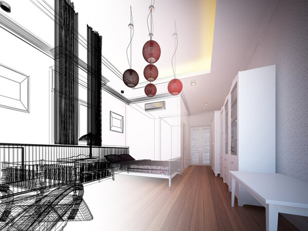 Абстрактный эскиз интерьера спальни
