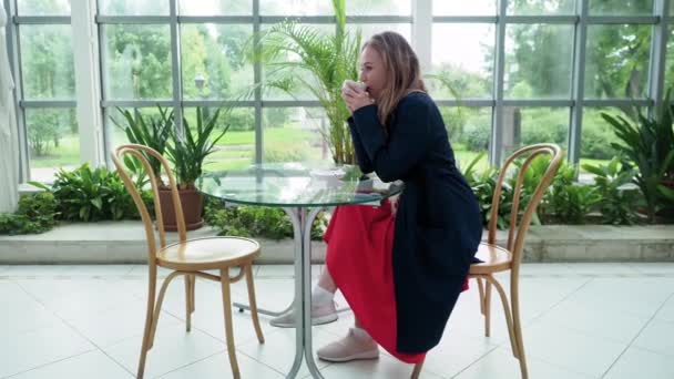 Eenzame aantrekkelijke blonde vrouw draagt blauwe mantel en rode rok genieten van een kopje koffie in gezellige cafe met tropische planten — Stockvideo