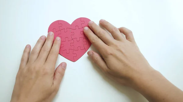 Kadınların iki eli de beyaz masa arkasındaki kağıt bloklarındaki yapbozun kırmızı kalp şeklindeki yapbozuna dokunuyor.