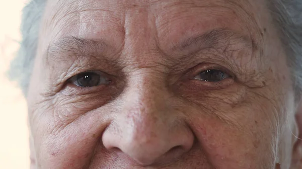 Kahverengi gözlü, büyük kırışıklıkları olan yaşlı büyükannenin yüzünü kapat. Uzun ve sağlıklı yaşam süresince doğal güzellik. Muhteşem son sınıf öğrencisi ve çekici bir kadın.