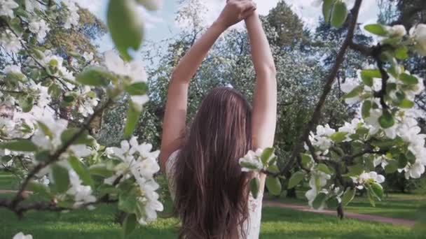 Glückliche hübsche Frau mit langen braunen Haaren in schönem eleganten weißen Kleid steht im Garten neben blühenden Apfelbäumen, hebt die Hände und genießt den Moment im blühenden Garten zur Frühlingszeit — Stockvideo