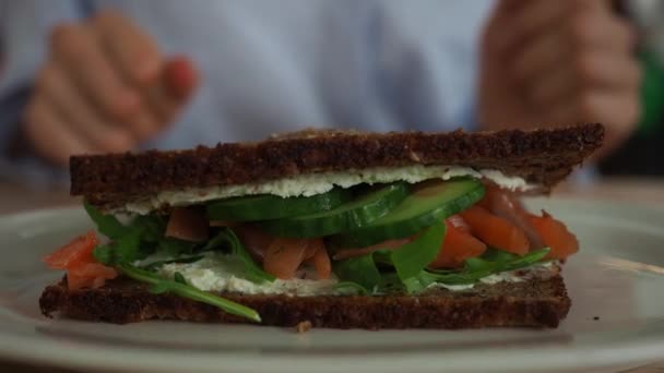Wanita mengambil sandwich dari piring. Tutup. — Stok Video
