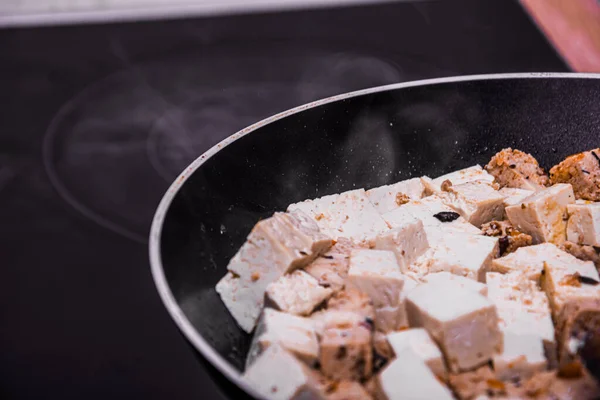 Makro Záběr Smažené Tofu Mix Oleji Tvorby Kouře — Stock fotografie