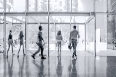 Bulanık bir geçmişi olan modern bir iş merkezinin lobisindeki insanların soyut görüntüleri.