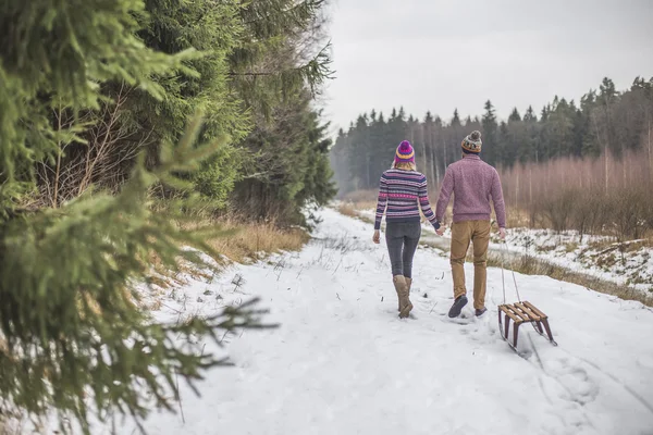 Młoda para o spacer po lesie zima slaigh — Zdjęcie stockowe