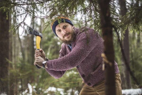 Young man is cutting christmas tree in the wood — Stock Photo, Image