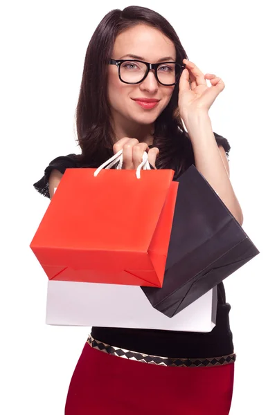 Winkelen verkoop vrouw geïsoleerd op wit — Stockfoto