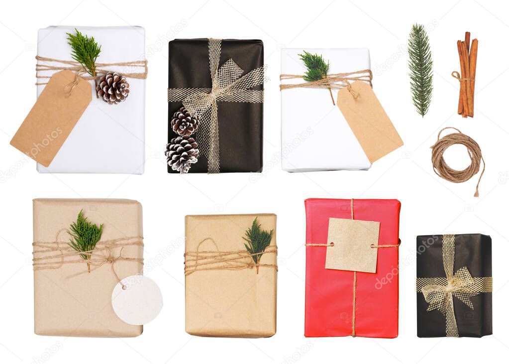 Christmas gift box with greeting tag - christmas present isolated on white background with clipping path for design. Merry Christmas and New Year holiday background. top view.
