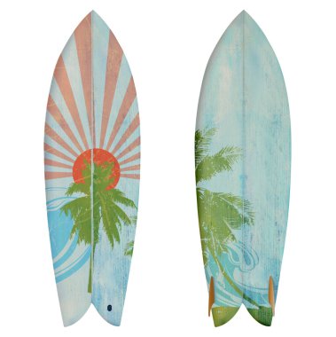 Vintage wood fish board surfboard isolated on white with clipping path for object, retro styles. clipart