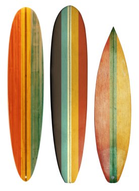 Collection vintage wooden surfboard isolated on white with clipping path for object, retro styles. clipart