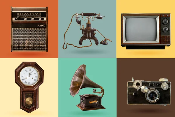 Vintage electrical and electronic appliances set. Nostalgic collectibles from the past 1960s - 1970s. objects isolated on retro color palette with clipping path.