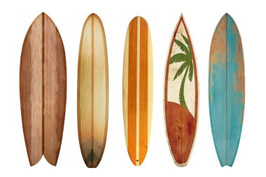Collection vintage wooden surfboard isolated on white with clipping path for object, retro styles. clipart