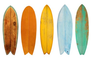 Collection of vintage wooden fishboard surfboard isolated on white with clipping path for object, retro styles. clipart