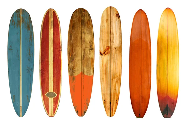 Gyűjteménye Évjárat Longboard Szörfdeszka Elszigetelt Fehér Nyírás Útvonal Tárgy Retro — Stock Fotó