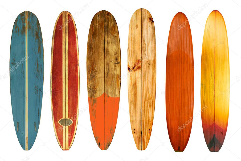 Collection of vintage wooden longboard surfboard isolated on white with clipping path for object, retro styles.
