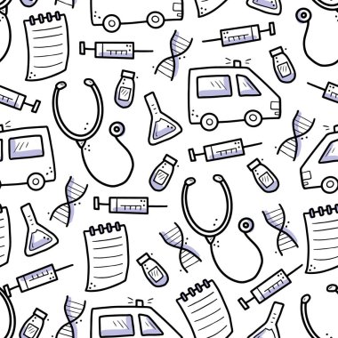 Tıbbın karalama elementlerinin elle çizilmiş kusursuz deseni