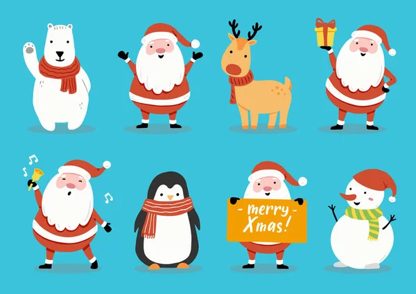 Set de personajes de dibujos animados con Santa y animales, muñeco de nieve illustartion — Archivo Imágenes Vectoriales