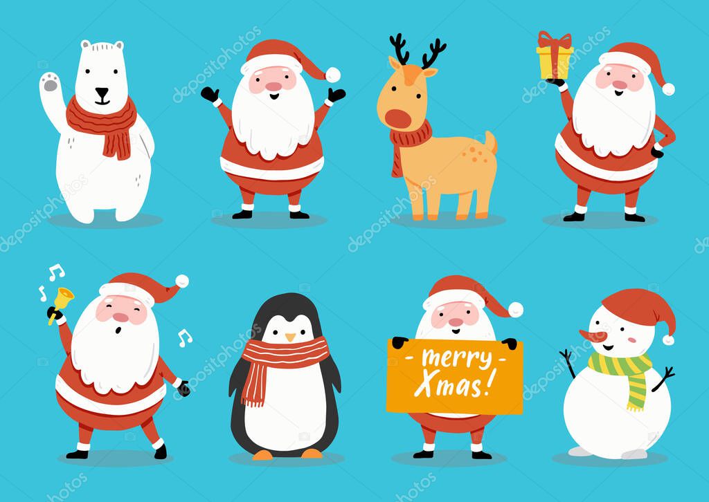 Set cartoon character with Santa and animal, snowman illustartion