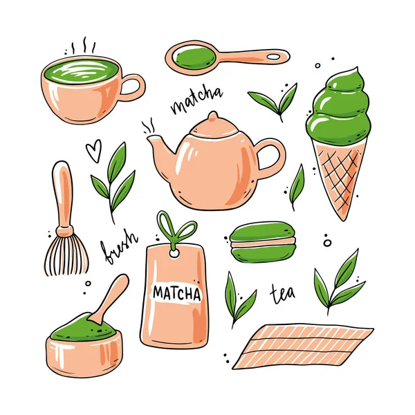 Zestaw ręcznie rysowanych elementów składowych herbaty matcha. — Wektor stockowy
