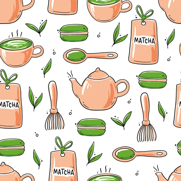 Modèle sans couture d'éléments de thé matcha dessinés à la main. — Image vectorielle