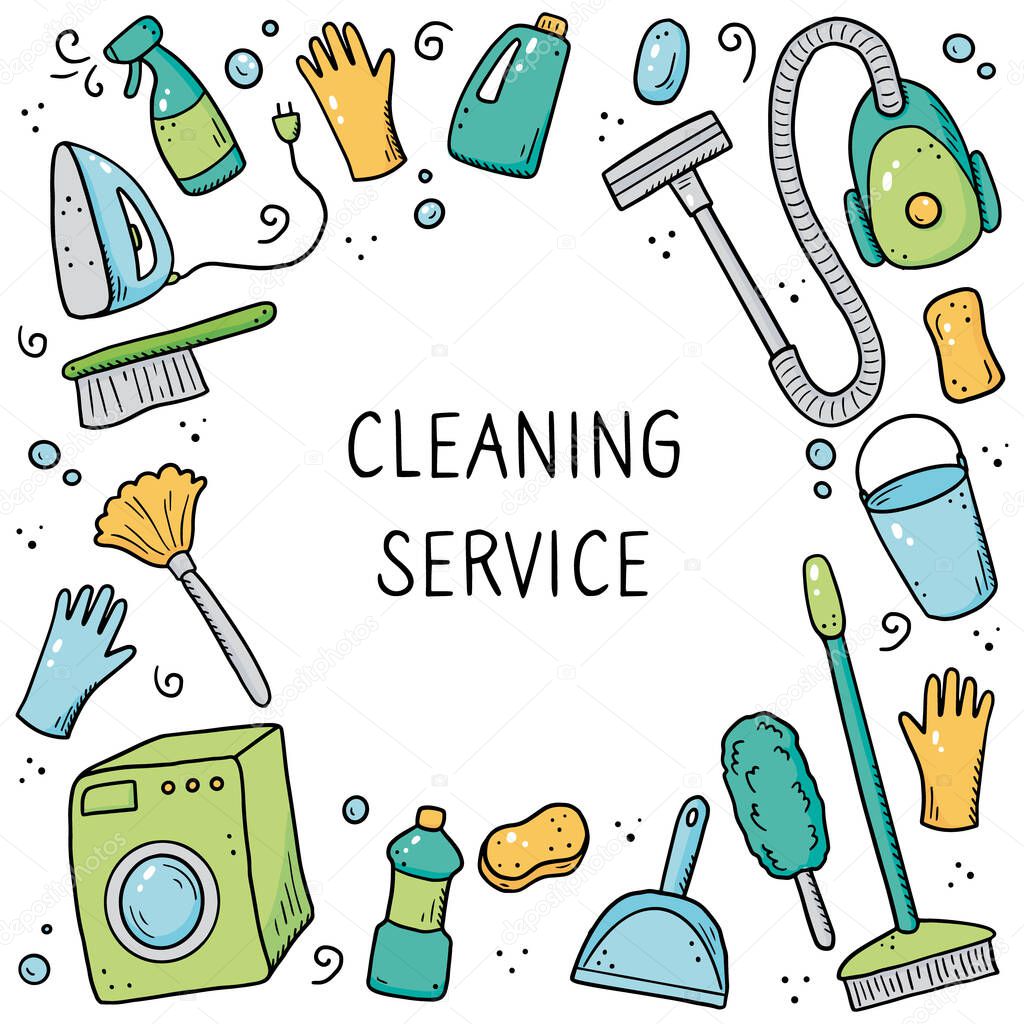 Hand drawn design template of cleaning equipments